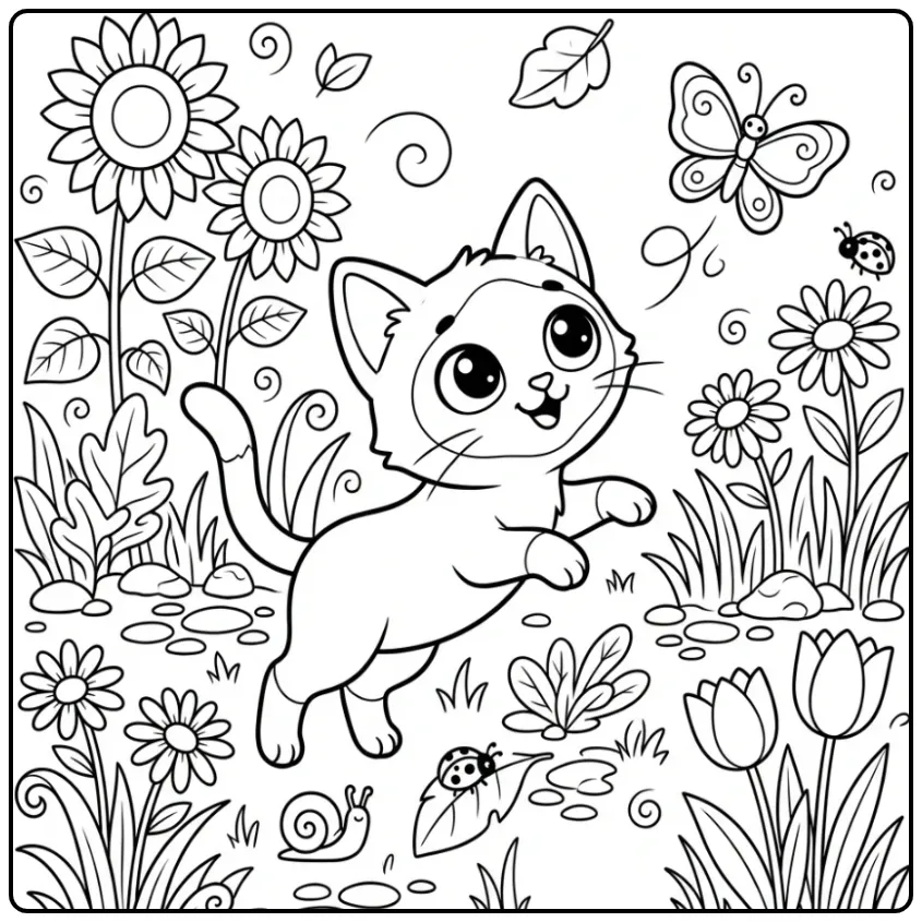 Download deze kleurplaat kitten schattig in de bloementuin.