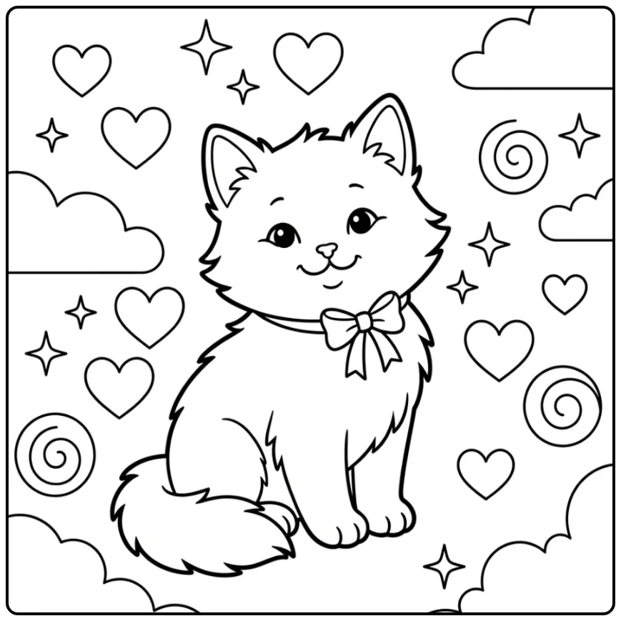 Een vrolijke kleurplaat kitten schattig met strik en hartjes.