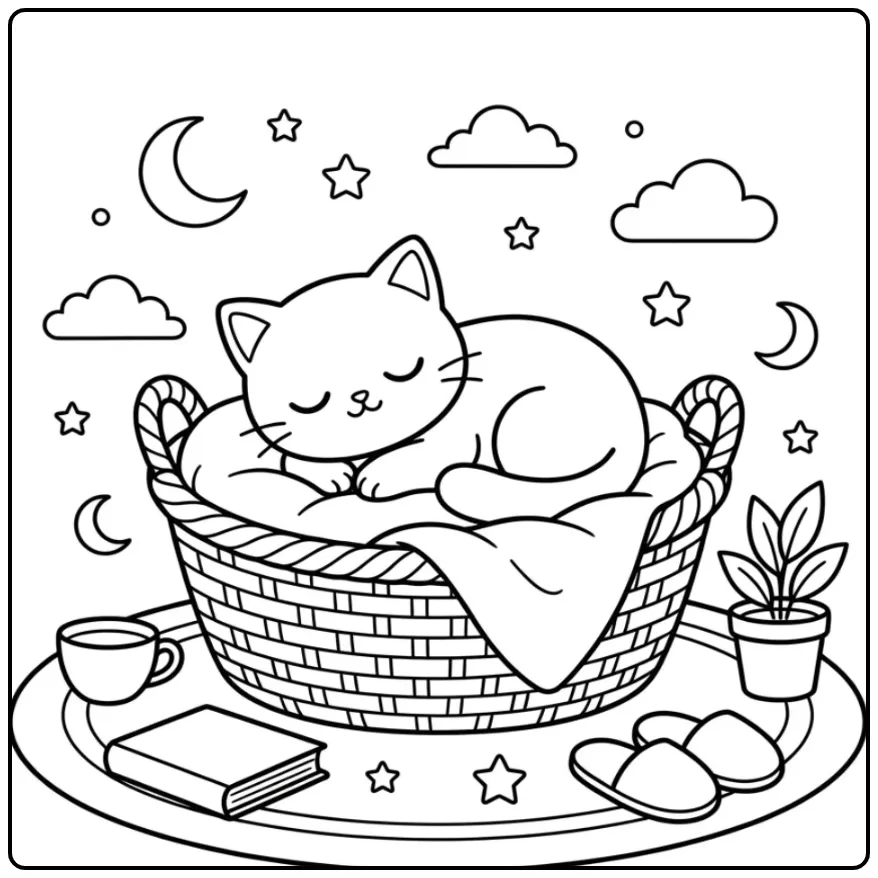 Leuke kleurplaat kitten slapend in mandje met sterren.