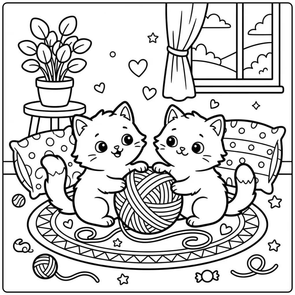 Schattige kleurplaat kitten met bol wol en kussens.