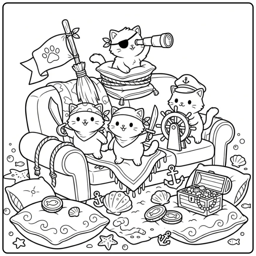 Een leuke kleurplaat kittens die piraatje spelen op de bank.