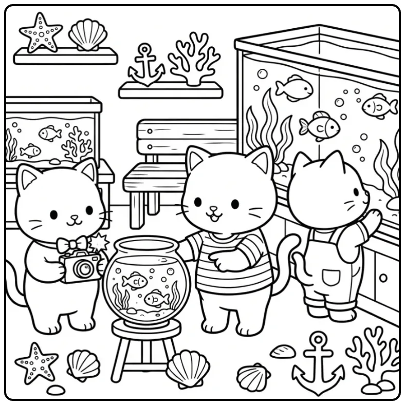 Schattige kleurplaat kittens kijken naar vissen in aquarium.