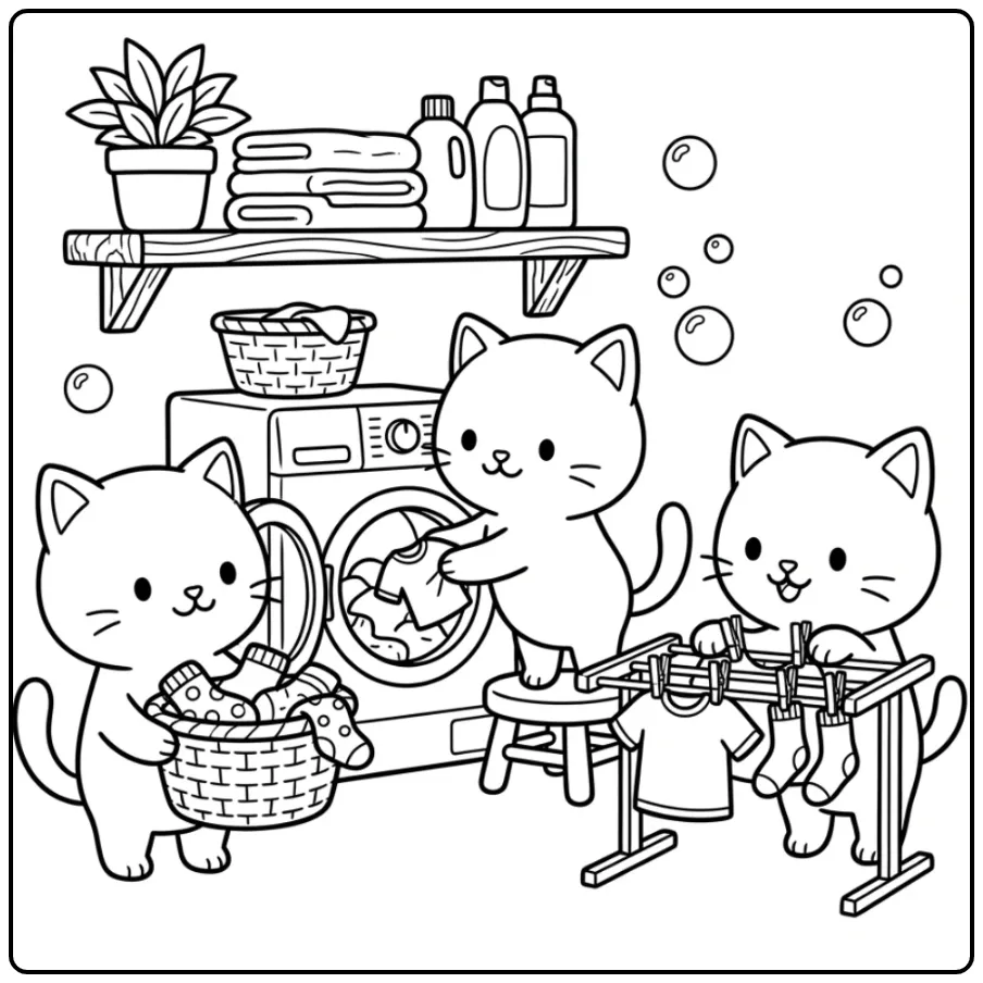 Schattige kleurplaat kittens die de was doen met zeepbellen.