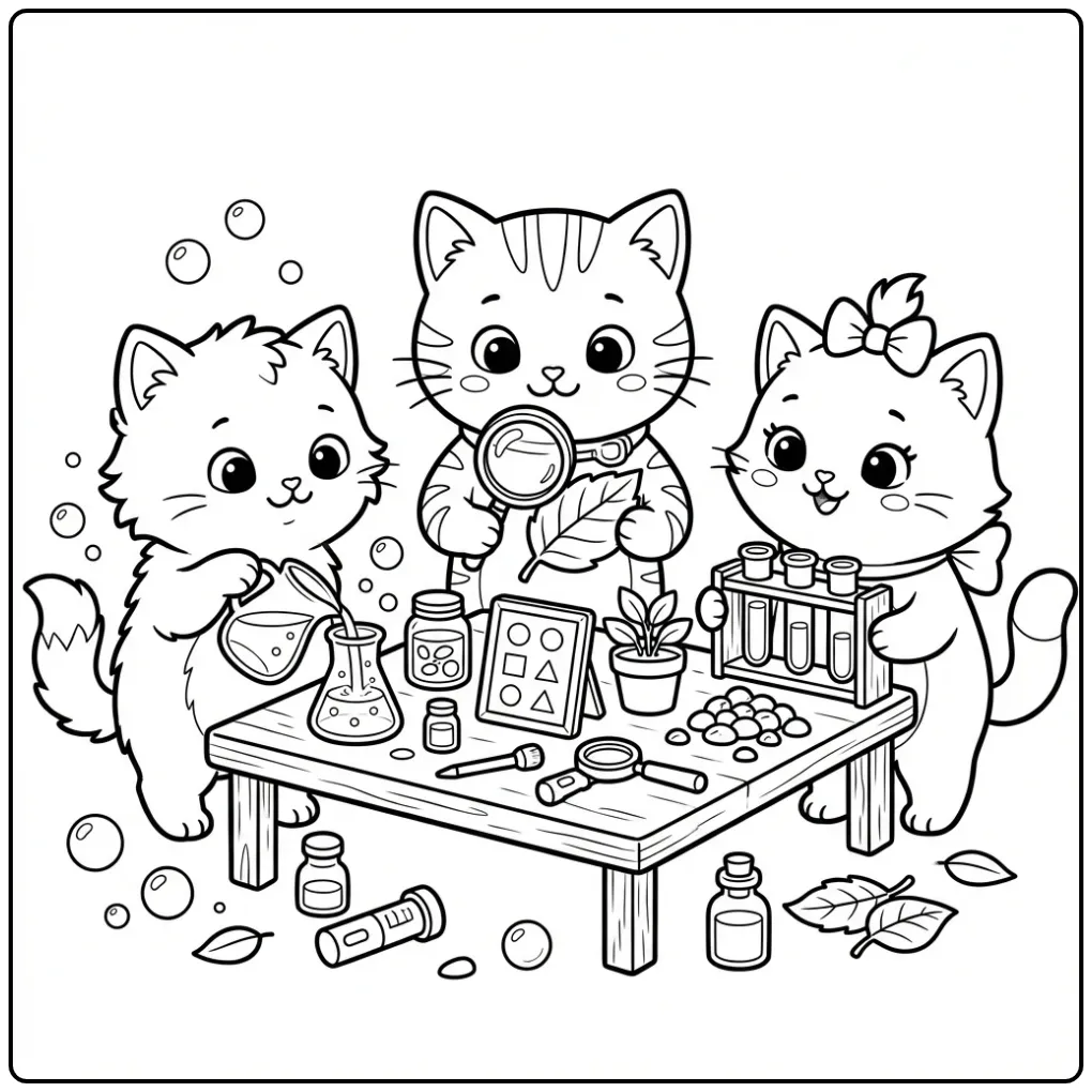 Schattige kleurplaat kittens spelen samen wetenschappertje.