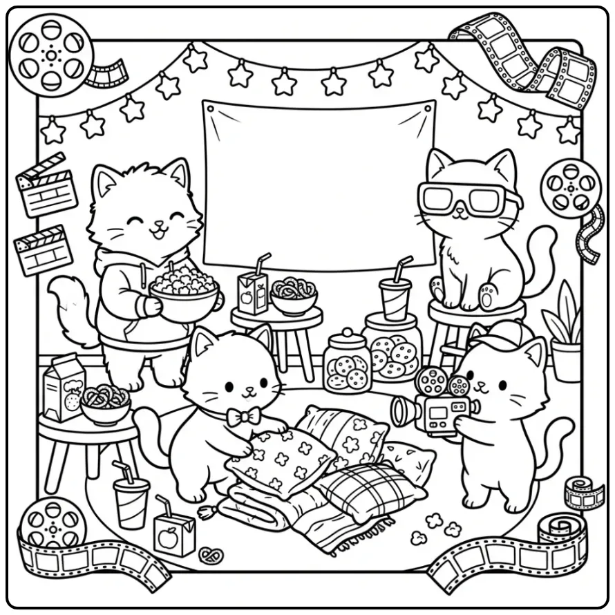 Schattige kleurplaat kittens houden samen een filmavondje.
