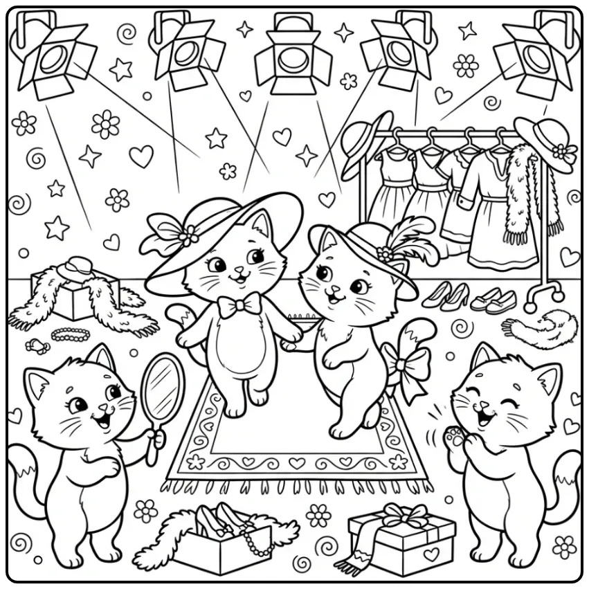 Schattige kleurplaat kittens tijdens een modeshow verkleedpartij.