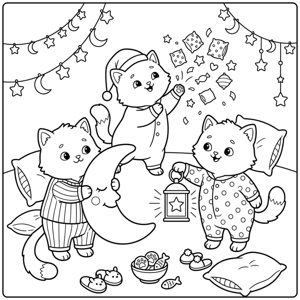 Schattige kleurplaat kittens spelen met kussens en sterren.