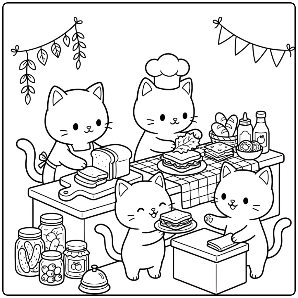Schattige kleurplaat kittens maken broodjes in deli.
