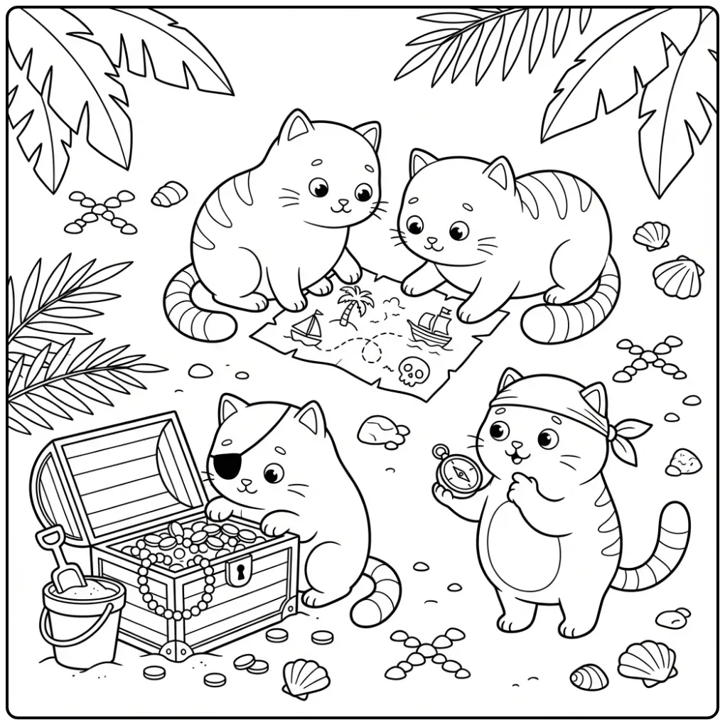 Avontuurlijke kleurplaat kittens op zoek naar een schat.