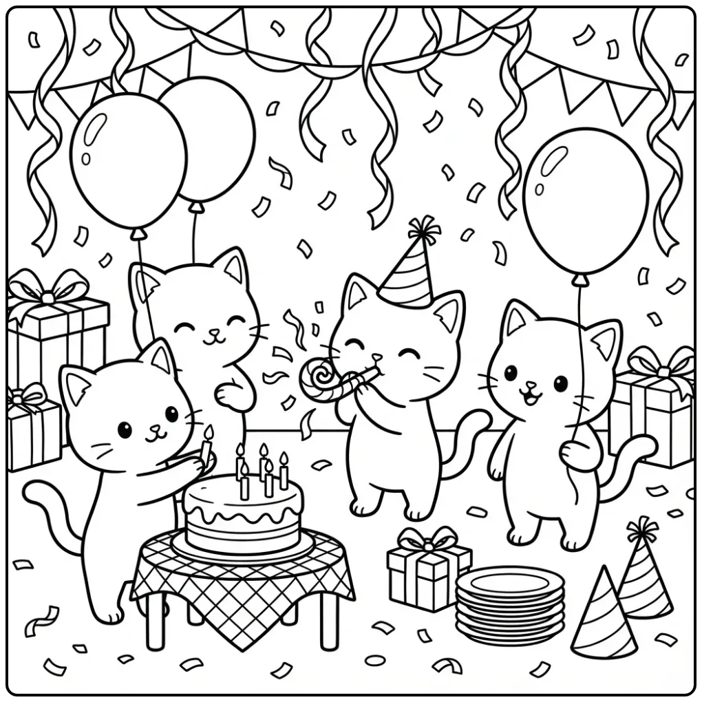Vrolijke kleurplaat kittens op een verjaardagsfeestje.