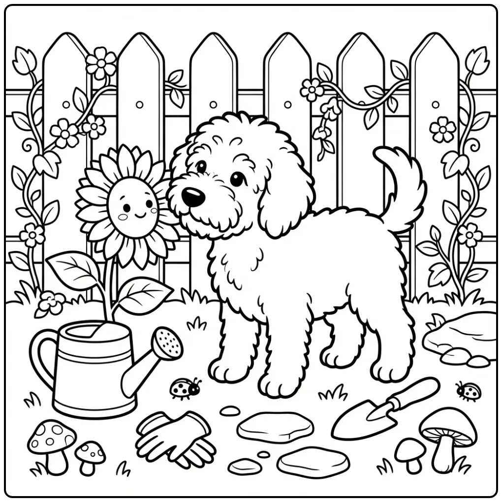 Een leuke kleurplaat labradoodle puppy ruikt aan een zonnebloem