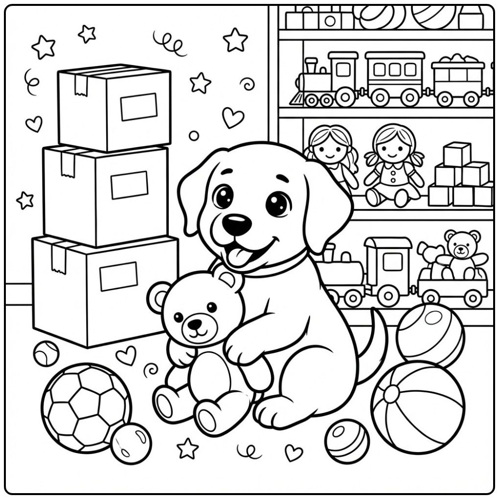 Schattige kleurplaat labrador puppy met een teddybeer en speelgoed.