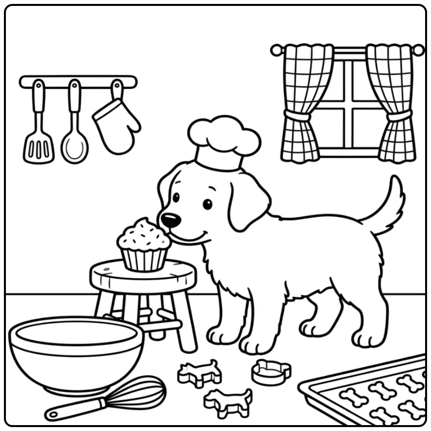 Schattige kleurplaat labrador puppy met koksmuts en cupcake.