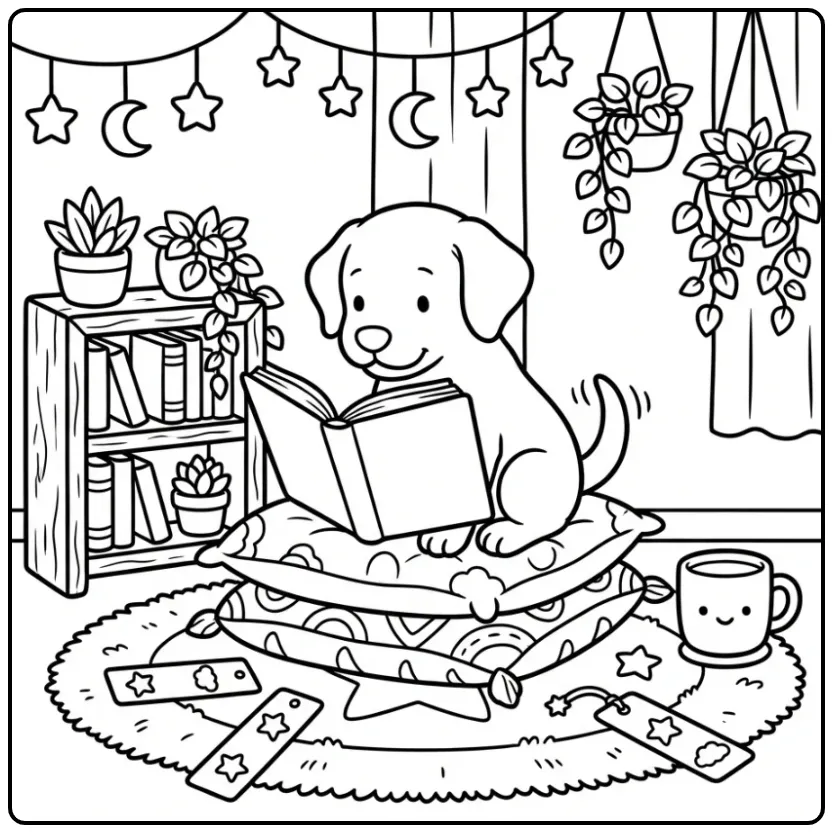 Gezellige kleurplaat labrador puppy lezend op kussens.