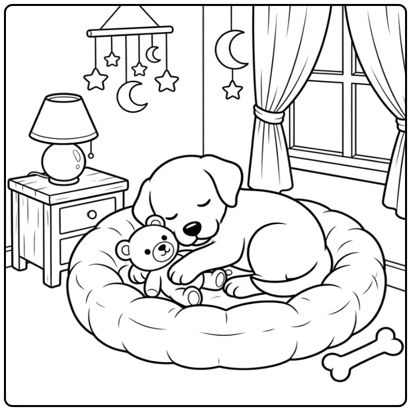 Lieve kleurplaat labrador puppy in zacht mandje.