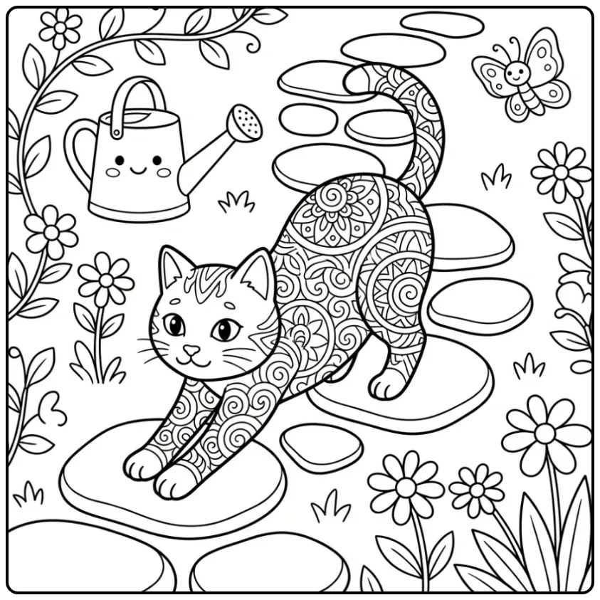 Schattige kleurplaat mandala kat op een tuinpad met bloemen