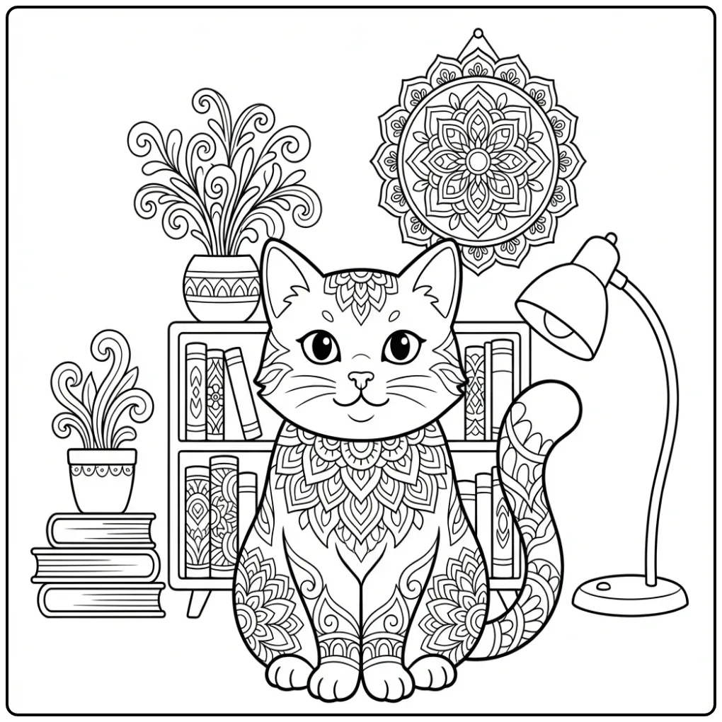 Schattige kleurplaat mandala kat bij een boekenkast.