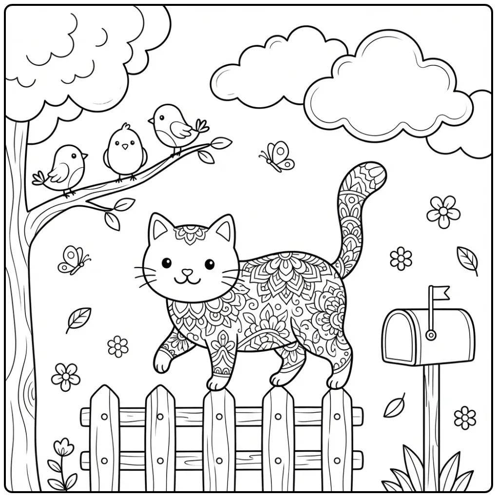 Een leuke kleurplaat mandala kat op een tuinhekje.