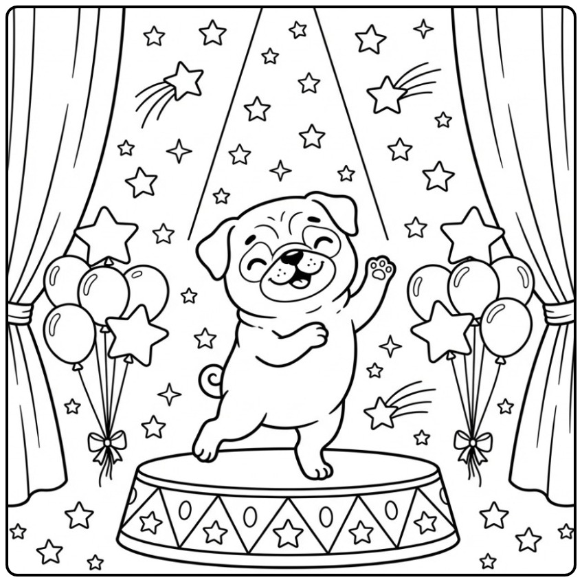 Vrolijke kleurplaat mopshond zwaait op een circuspodium.