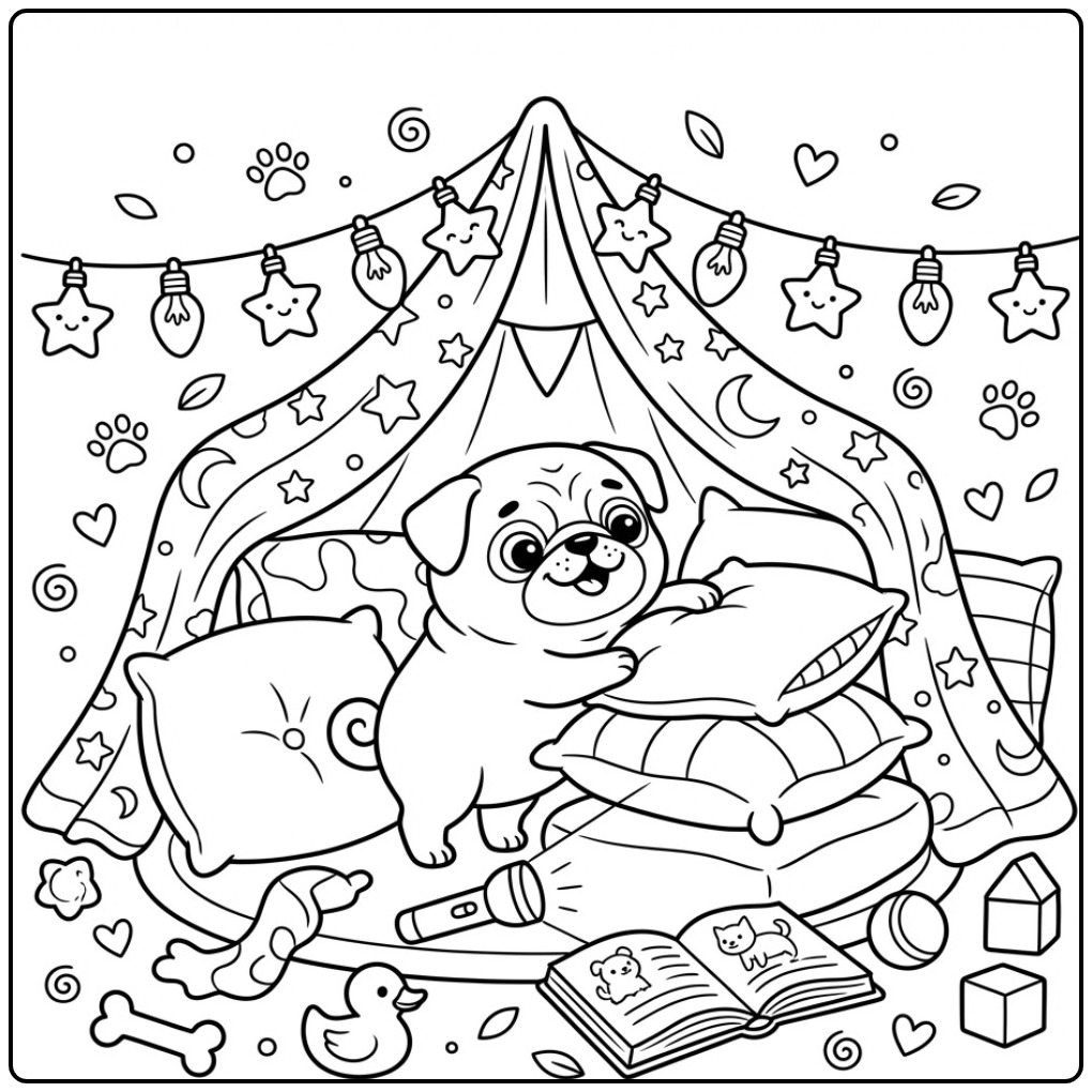 Een schattige kleurplaat mopshond in een gezellige tent.