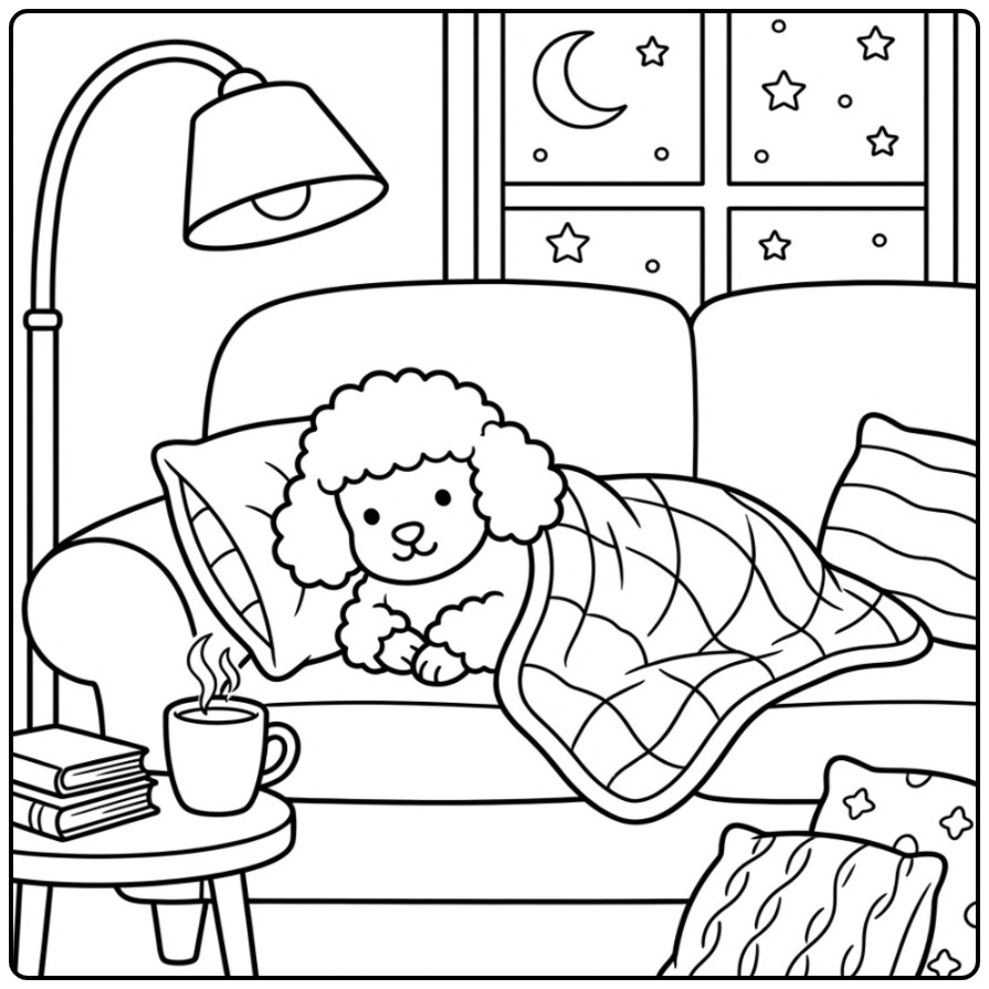 Een lieve kleurplaat poedel knus onder een deken op de bank.