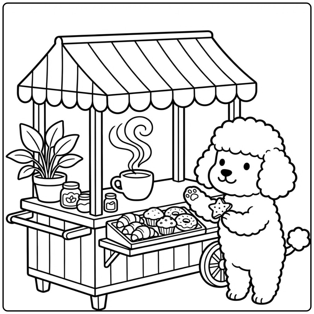 Een vrolijke kleurplaat poedel bij een kraampje met lekkers.