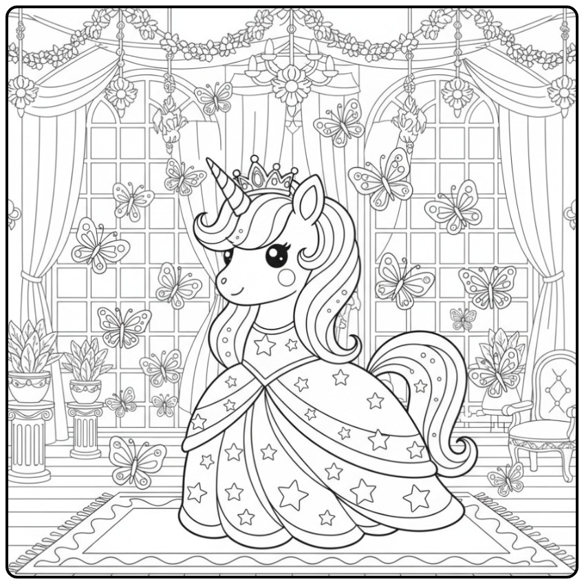 Kleurplaat prinses unicorn en vlinders, een magisch moment in het kasteel.