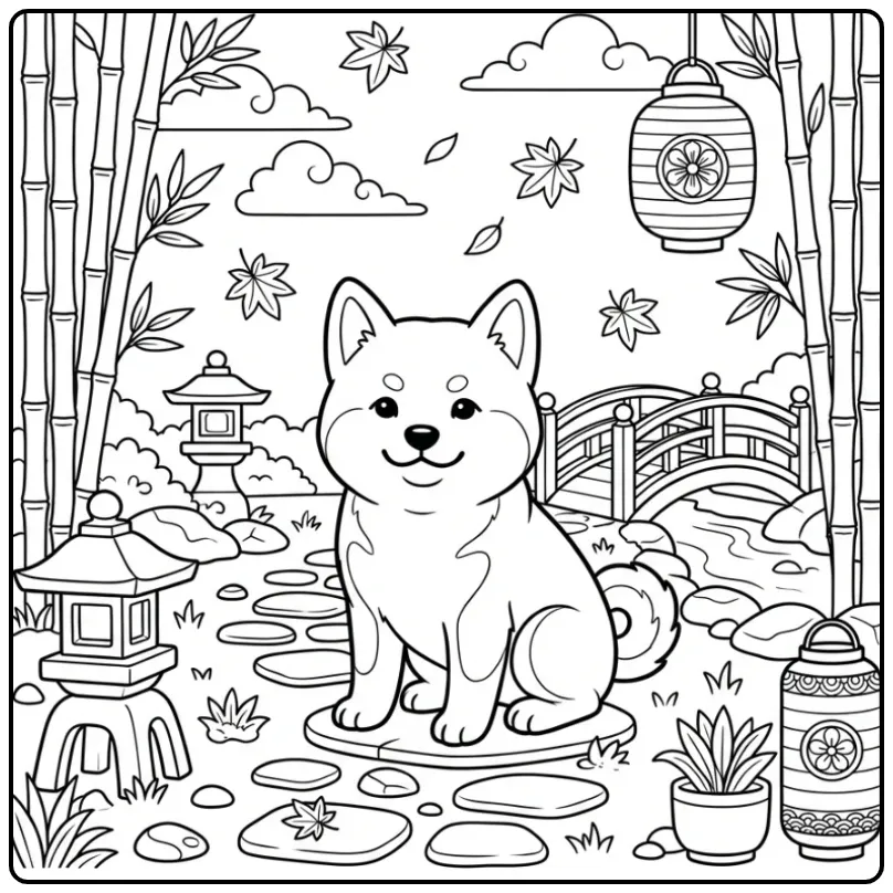 Zen kleurplaat puppy Akita Inu bij brug en bamboe.