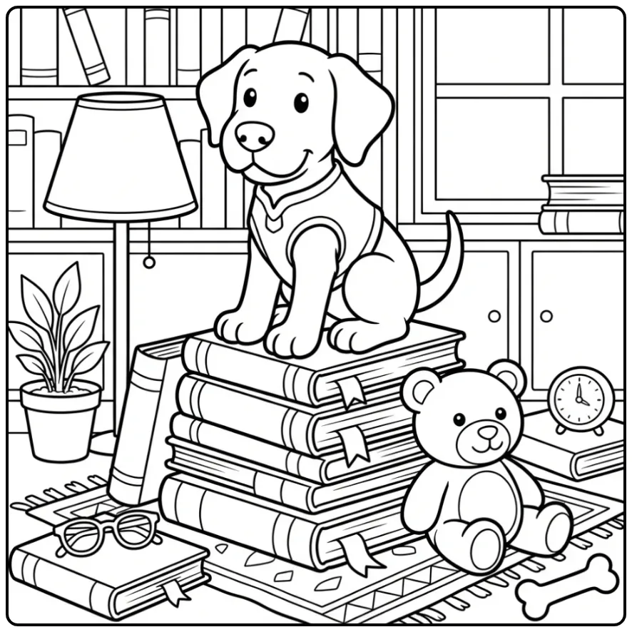 Een schattige kleurplaat puppy van een Deense dog op boeken.