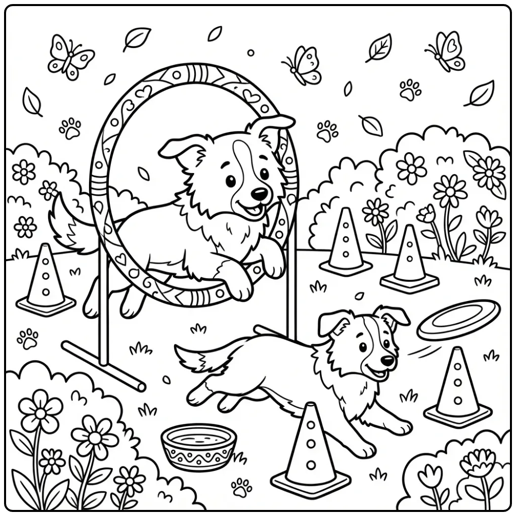 Vrolijke kleurplaat puppy Border Collie springt door de hoepel.