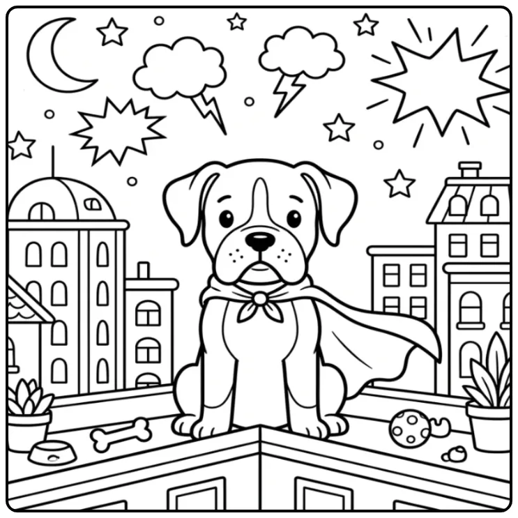Leuke kleurplaat puppy boxer superheld met cape