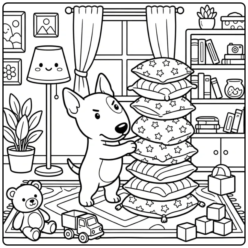 Schattige kleurplaat puppy stapelt kussens met sterren.