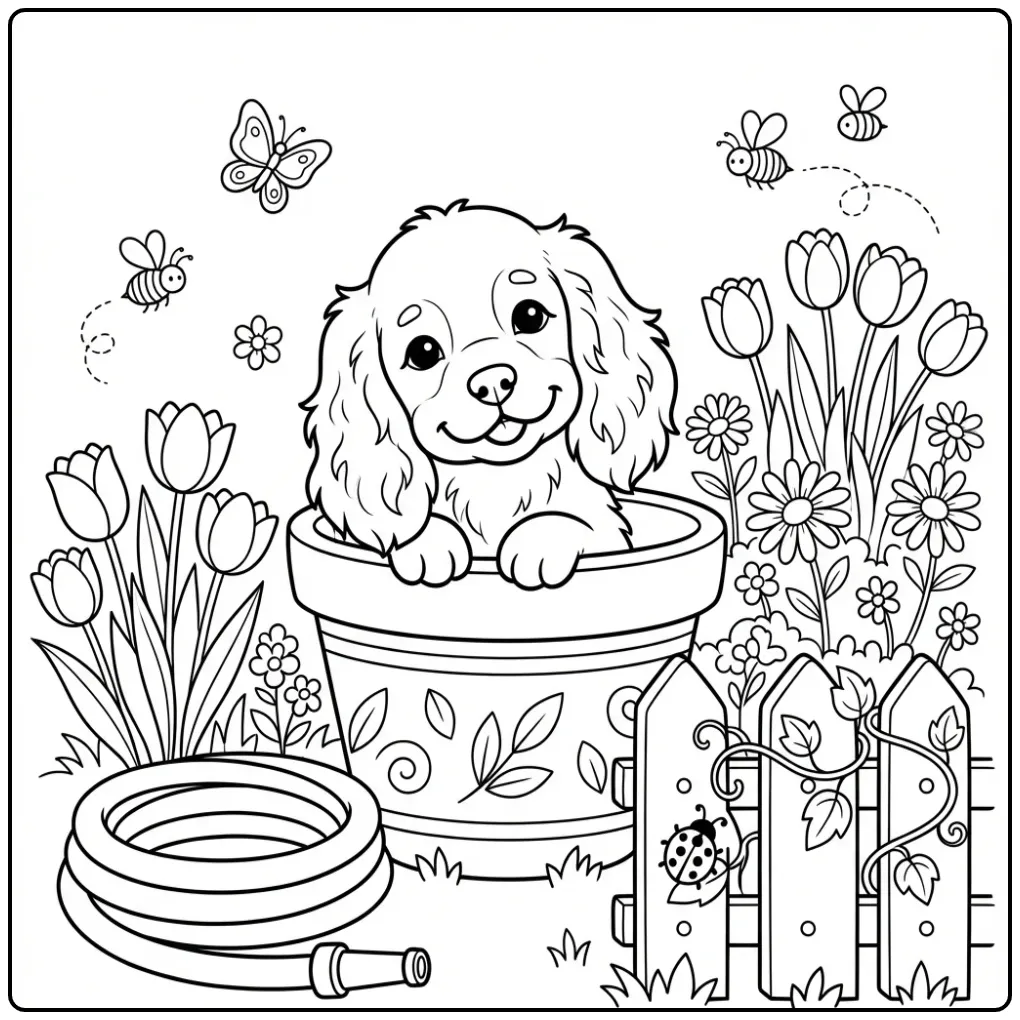 Schattige kleurplaat puppy verstopt achter een grote bloempot.