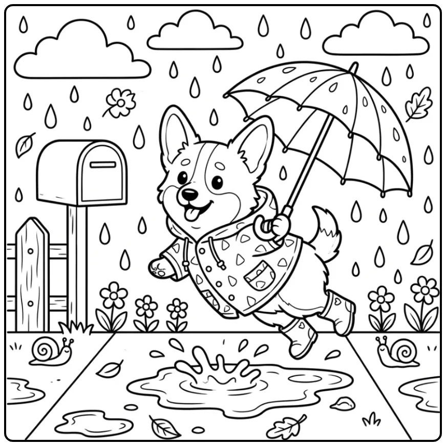 Een kleurplaat puppy Corgi in een regenjas springt in een plas.