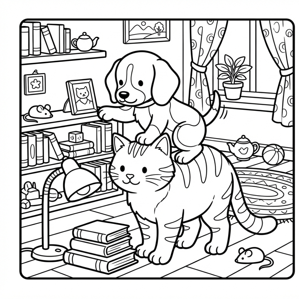 Schattige kleurplaat puppy en kat lezen samen in de kamer.