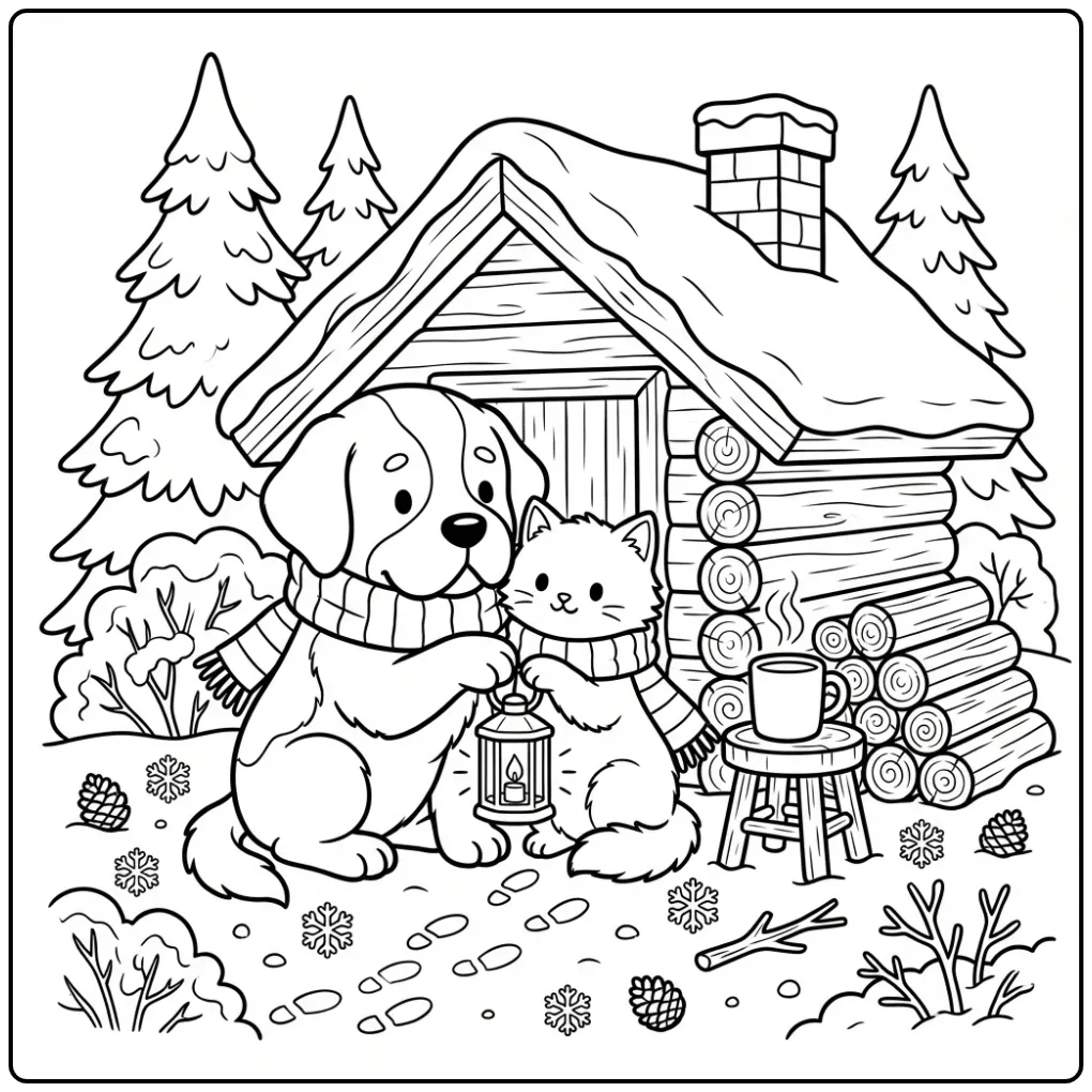 Kleurplaat puppy en kitten delen sjaal bij de deur.