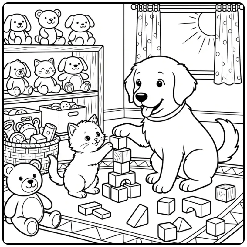 Schattige kleurplaat puppy en kitten spelen met blokken.