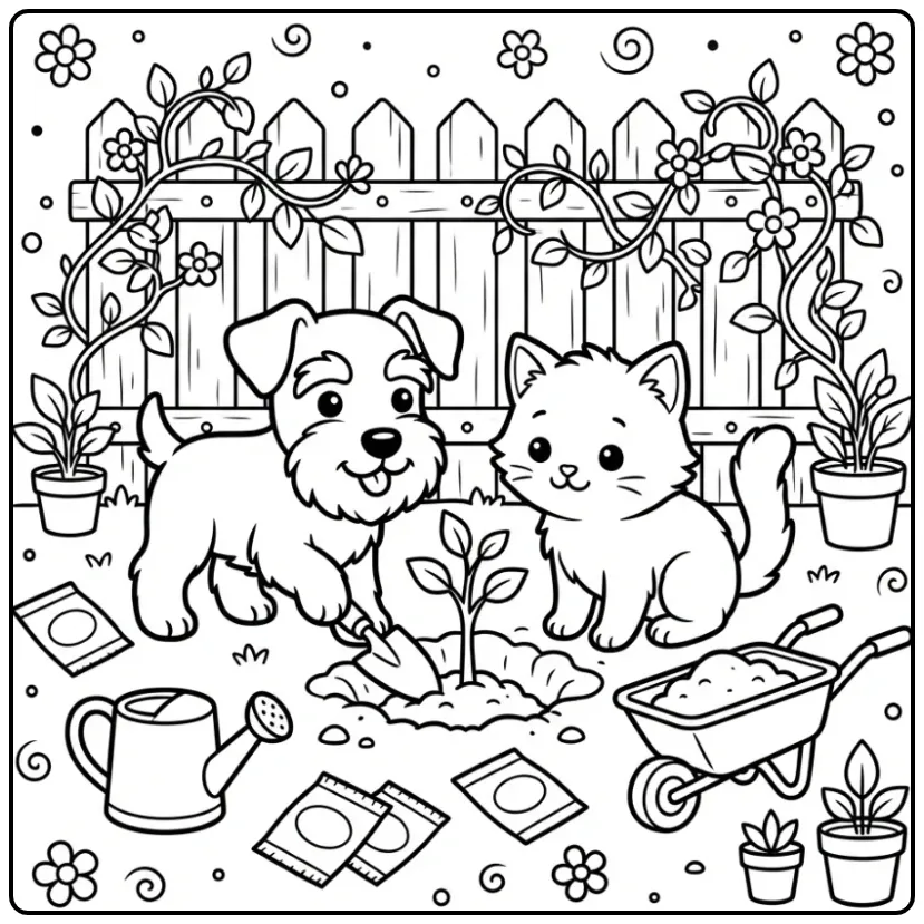 Schattige kleurplaat puppy en kitten planten een boompje.