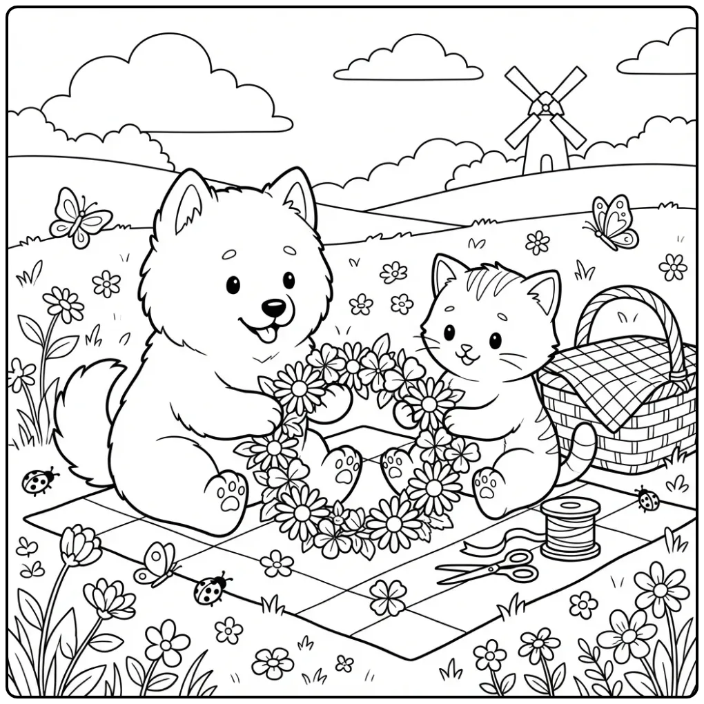 Schattige kleurplaat puppy en kitten maken bloemenkransen.