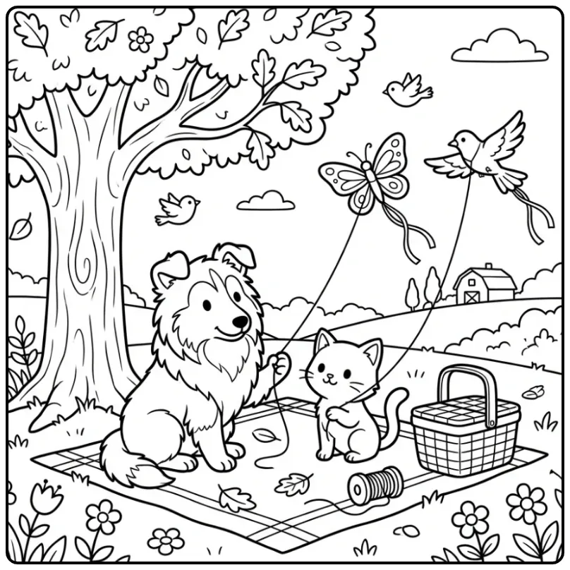 Schattige kleurplaat puppy en kitten onder een boom.