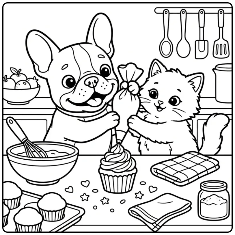 Kleurplaat puppy en kitten schattig bakken cupcakes samen.