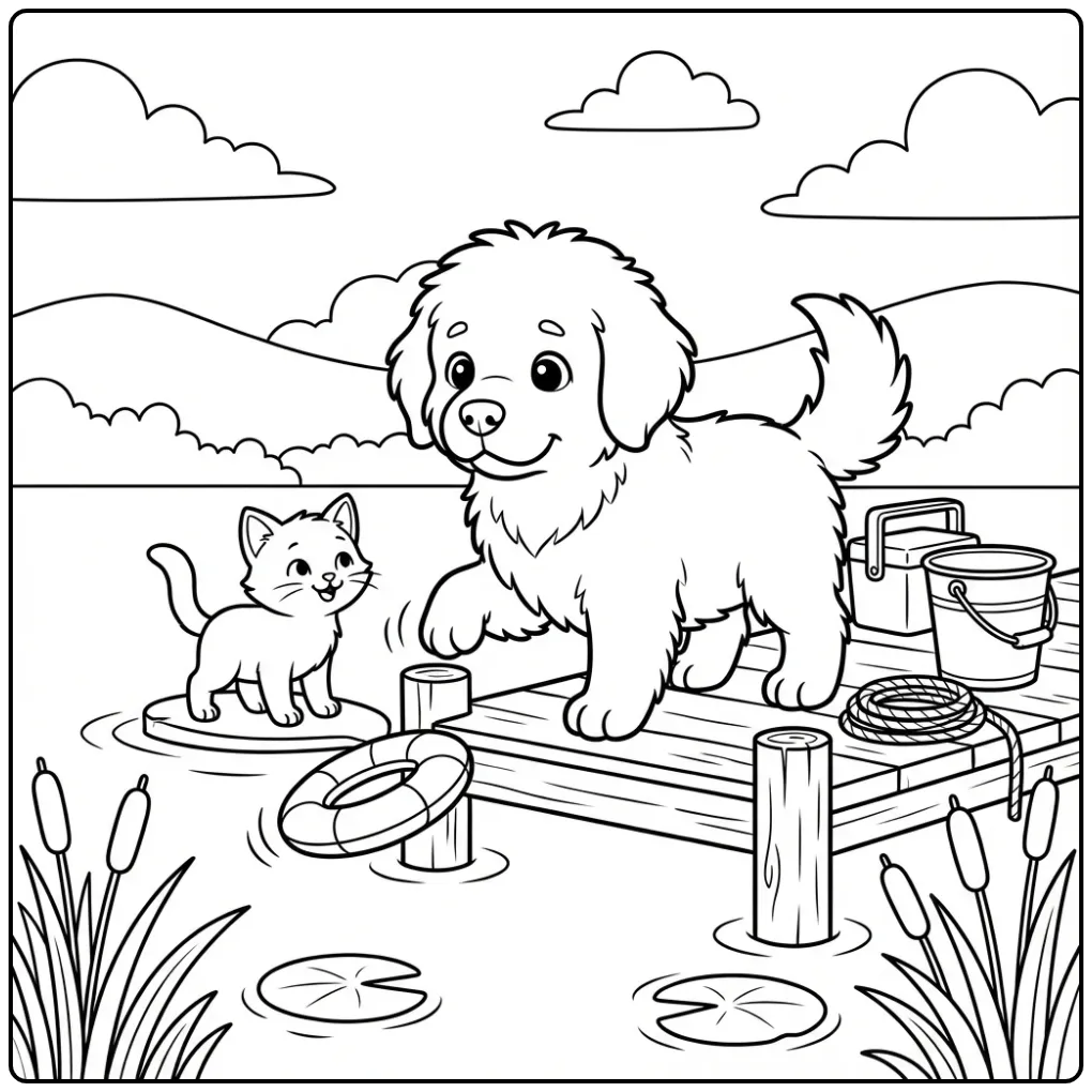 Kleurplaat puppy en kitten schattig spelend op een steiger.