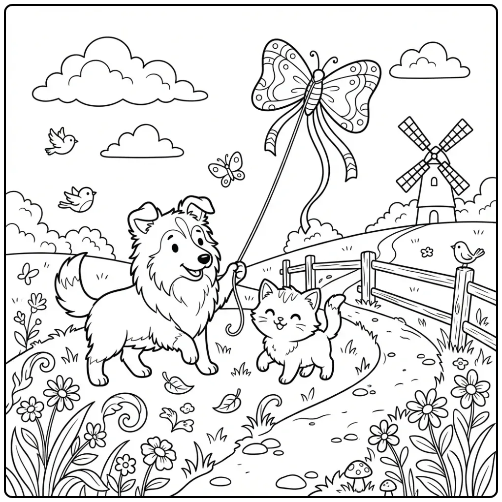 Kleurplaat puppy en kitten schattig op de heuvel.