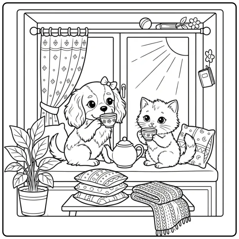 Kleurplaat puppy en kitten schattig drinken thee bij het raam.