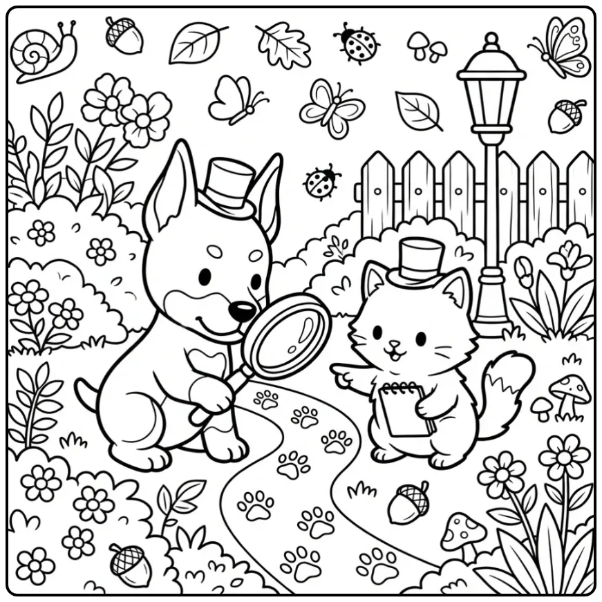 Dobermann kleurplaat puppy en kitten met een vergrootglas.