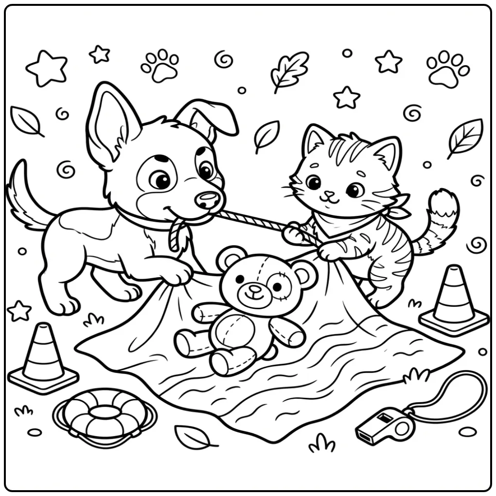 Schattige kleurplaat puppy en kitten redden een knuffel.