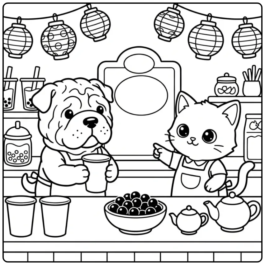 Schattige kleurplaat puppy en kitten in een bubble tea winkel.