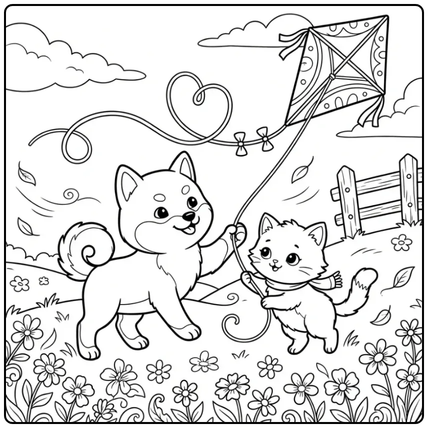 Schattige kleurplaat puppy en kitten die samen vliegeren.