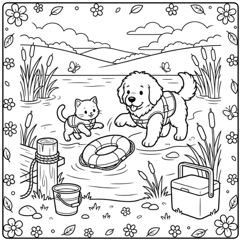 Kleurplaat puppy en kitten met zwemvesten bij het meer.