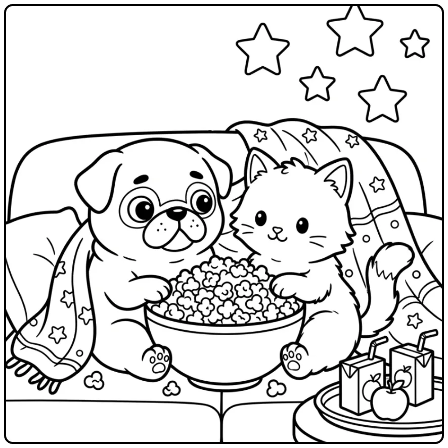Schattige kleurplaat puppy en kitten met popcorn.